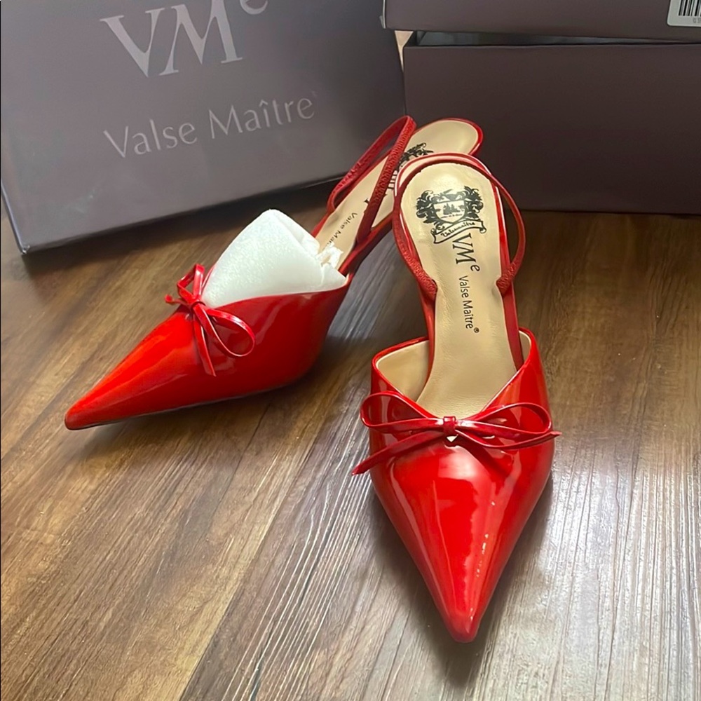 Glossy Red Stiletto Slingback Genuine Leather Heels Cat-heels
